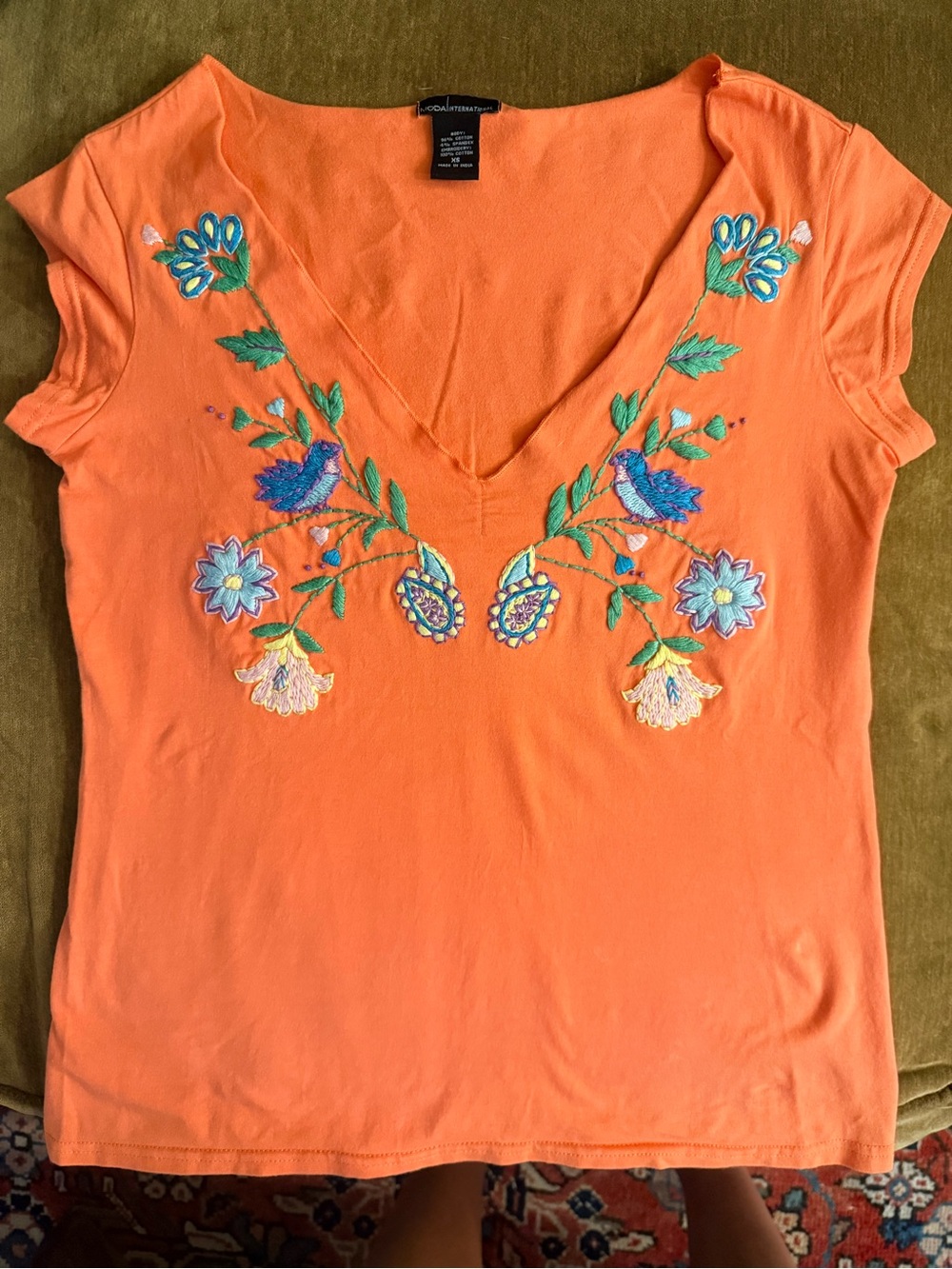 Moda International Orange V-Neck Tee with Multicolor Floral Embroidery